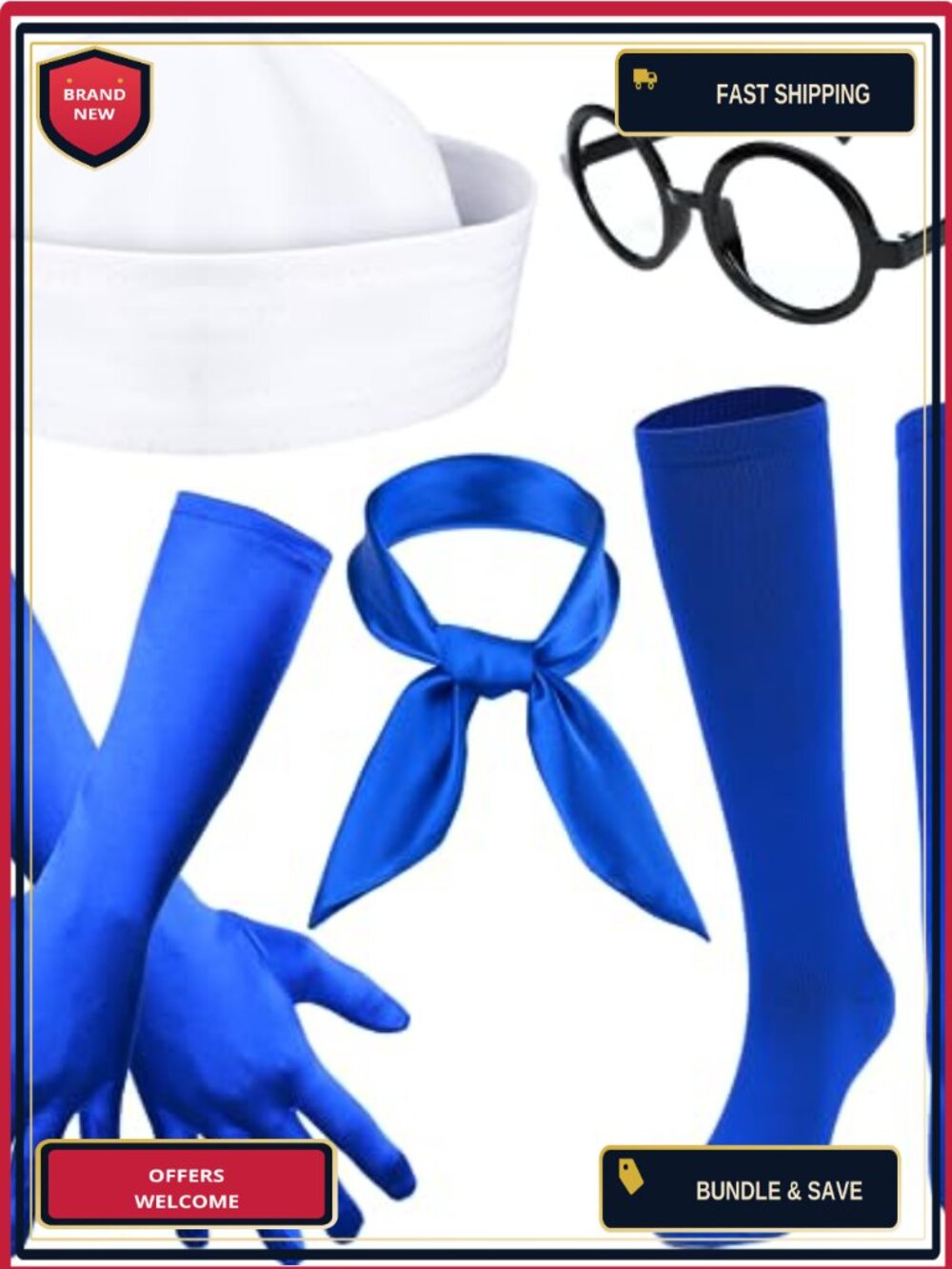 5 Pc Halloween Sailor Costume Set Hat Scarf Gloves Socks Glasses Party Dress Up
